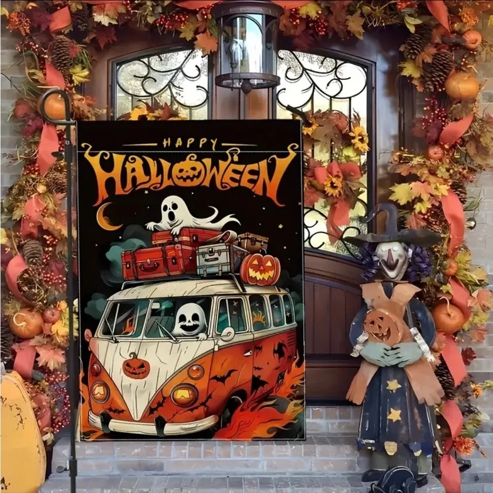 Happy Halloween Ghost Van Garden Flag 12x18-NEW